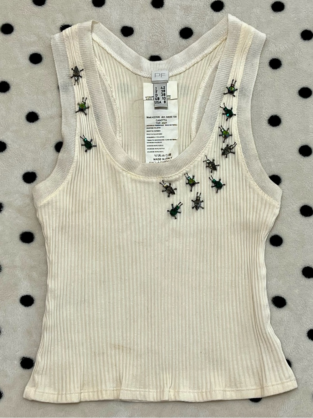 Vintage PF by Paola Frani Bug Embellished Ribbed Tank Top Size 8